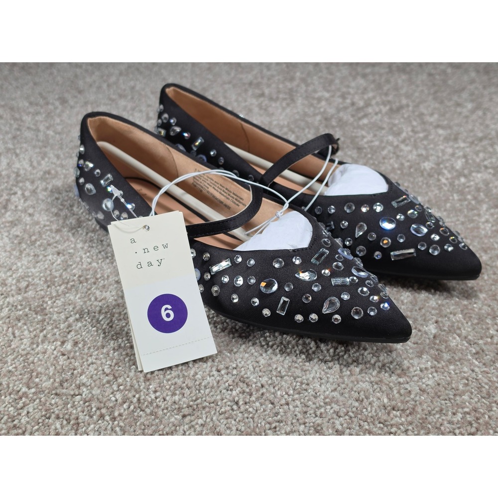 A New Day Gabriella Jet Black Rhinestone Mary Jane Pointed Toe Flats Womens 6